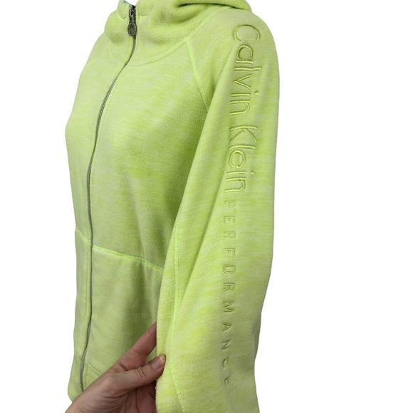 Calvin Klein Performance Womens Fleece Jacket Size M Neon Yellow Hooded Full Zip - Picture 3 of 10